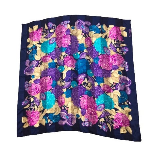 Pierre Cardin Paris Vintage Silk Scarf Floral Sheer Panels Navy Border 34\